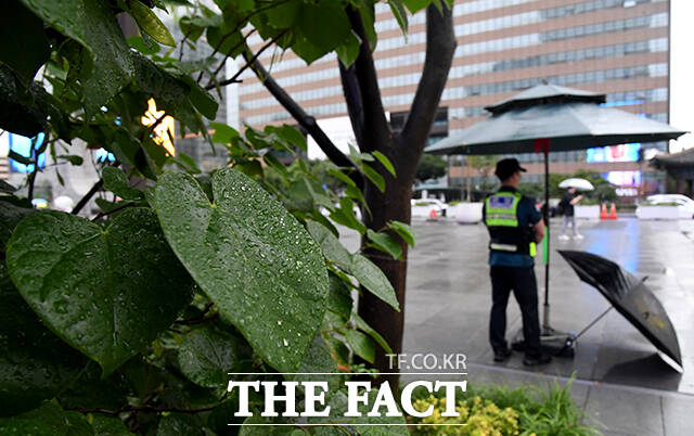 전국에 최대 200㎜ 장맛비가 예보된 8일 오전 서울 종로구 광화문광장에서 시민들이 우산을 쓰고 출근하고 있다. /박상민 기자