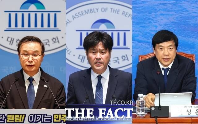 더불어민주당 최고위원 선거를 앞두고 10명이 넘는 후보가 출마를 준비하는 등 과열 양상을 보이고 있다. 사진은 최고위원 출마를 선언한 이건태 민주당 의원(왼쪽부터), 김용 전 민주연구원 부원장과 출마를 준비 중인 것으로 알려진 이성윤 최고위원. /뉴시스