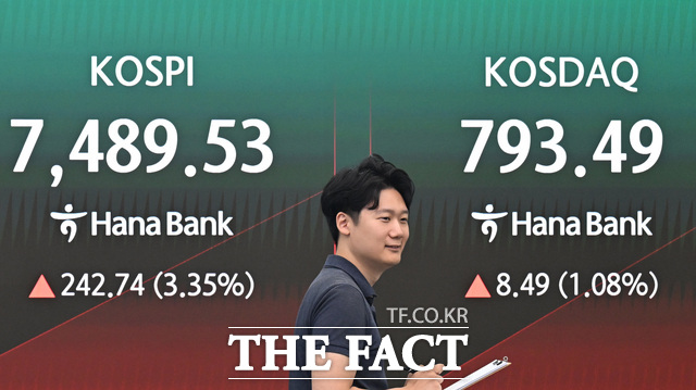 9일 오전 서울 중구 하나은행 본점 딜링룸 전광판에 코스피와 SK하이닉스, 삼성전자 지수가 표시되고 있다. /이새롬 기자