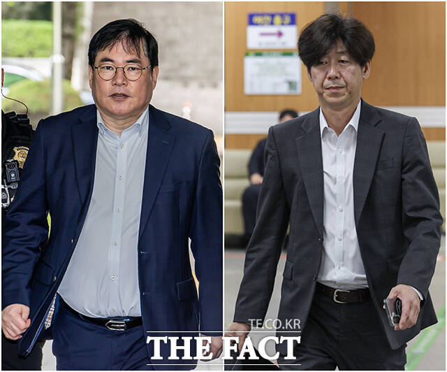 유동규 전 성남도시개발공사 기획본부장(왼쪽)과 남욱 변호사가 10일 오전 서울 서초구 서울고등법원에서 열린 대장동 개발 특혜 혐의 공판에 출석하고 있다. /박헌우 기자