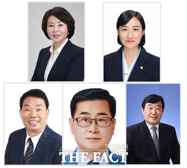 위 왼쪽부터 시계방향으로 전반기 의장 윤원옥, 부의장 김선옥, 사회도시위원장 이상인, 행정자치위원장 정종훈, 의회운영위원장 이정수. /대전시 중구의회