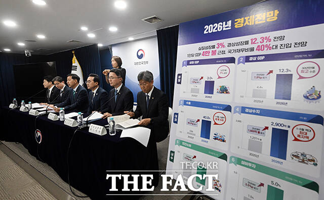 구윤철 부총리 겸 재정경제부 장관(가운데)이 14일 오후 서울 종로구 정부서울청사에서 하반기 경제성장전략 관계 부처 합동 브리핑을 하고 있다. /임영무 기자