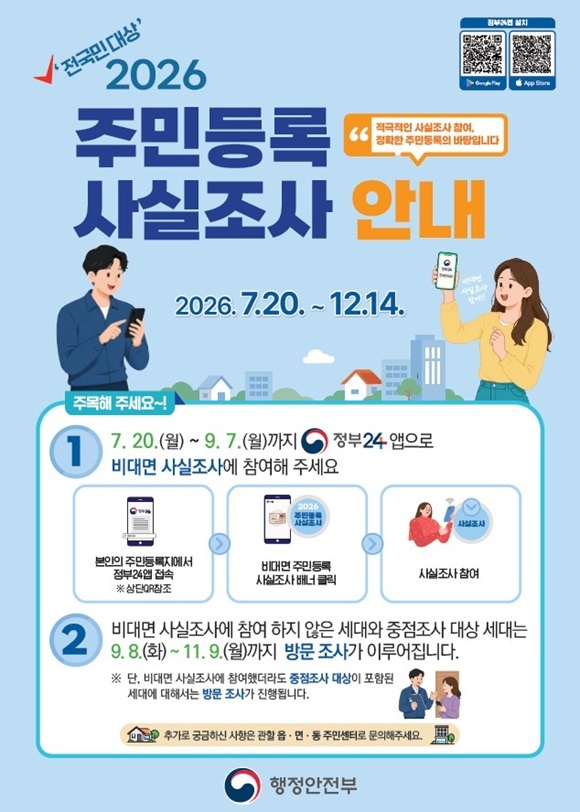 행정안전부는 오는 20일부터 12월 14일까지 '2026년 주민등록 사실조사'를 실시한다고 15일 밝혔다. /행정안전부