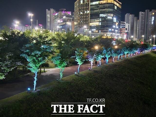 한동안 꺼졌던 남강의 불빛이 다시 켜졌다. 사진은 영천강 변 경관조명. /진주시