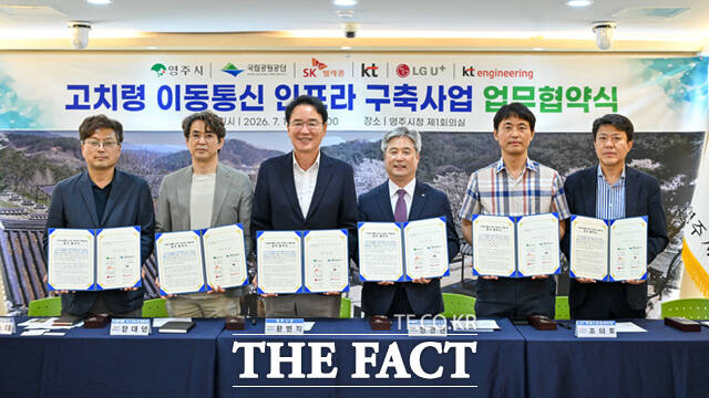 15일 영주시청 제1회의실에서 영주시와 소백산국립공원사무소, 이동통신 3사, 케이티엔지니어링 관계자들이 고치령 이동통신 인프라 구축사업 추진을 위한 업무협약(MOU)을 체결하고 있다. /영주시