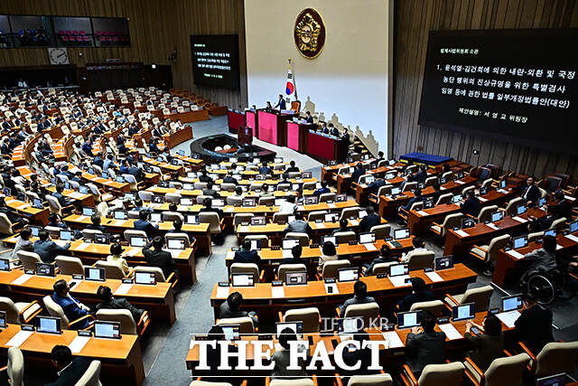 조정식 국회의장이 20일 오후 서울 여의도 국회에서 열린 제437회 국회(임시회) 제1차 본회의에 참석해 '윤석열·김건희에 의한 내란·외환 및 국정농단 행위의 진상규명을 위한 특별검사 임명 등에 관한 법률 일부개정법률안(대안)'을 상정하고 있다.