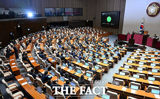 21일 오후 서울 여의도 국회에서 열린 제437회 국회(임시회) 제1차 본회의에서 윤석열·김건희에 의한 내란·외환 및 국정농단 행위의 진상규명을 위한 특별검사 임명 등에 관한 법률 개정안이 더불어민주당 주도로 통과되고 있다. /국회=서예원 기자