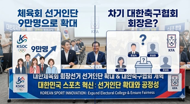 지난 7월 16일 대한체육회는 임시대의원총회를 열고 회장선거의 선거인단을 기존 약 2,2004명에서 41배 늘어난 9만여 명으로 확대하는 정관 개정안을 만장일치로 의결했습니다. 이에 K-축구혁신위원회의 박지성 위원장도 20일 위원회 3차 회의를 마친 후 축구협회장 선거인단이 최소 수천 명으로 확대될 것이라고 전망했다. 오는 30일에는 국회에서 대한축구협회 관련 청문회가 열린다. / 제미나이 합성