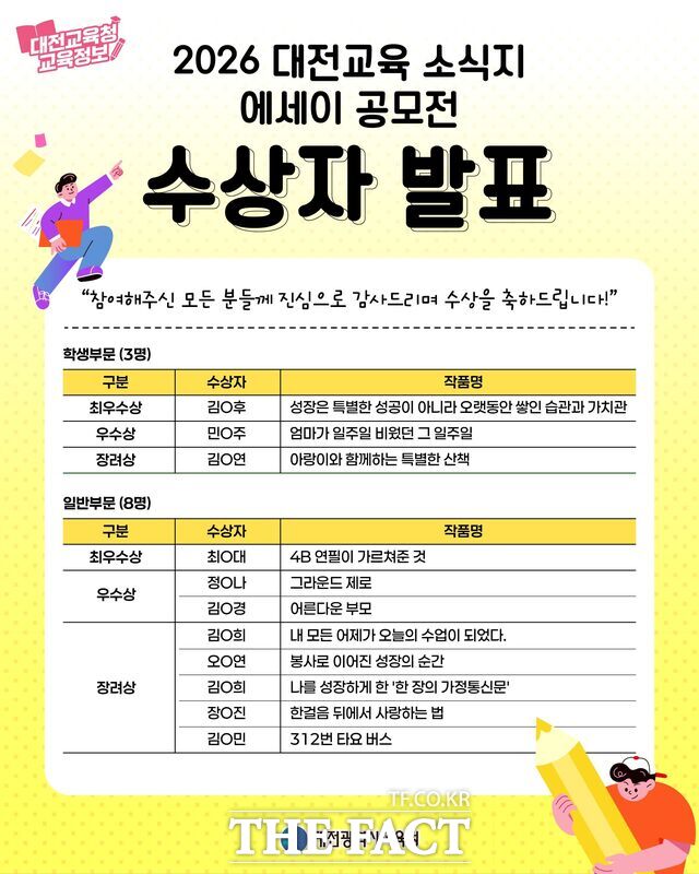 2026 대전교육 소식지 에세이 공모전 수상작 발표 안내 이미지. /대전시교육청