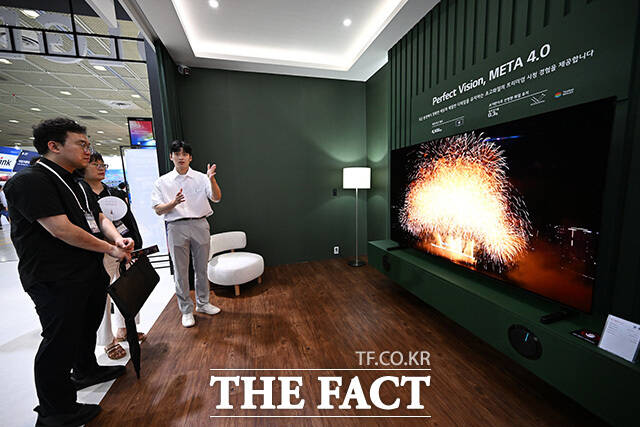 방문객이 삼성디스플레이의 AR 기기로 대전 엑스포다리 인근의 풍광을 바라보고 있다.