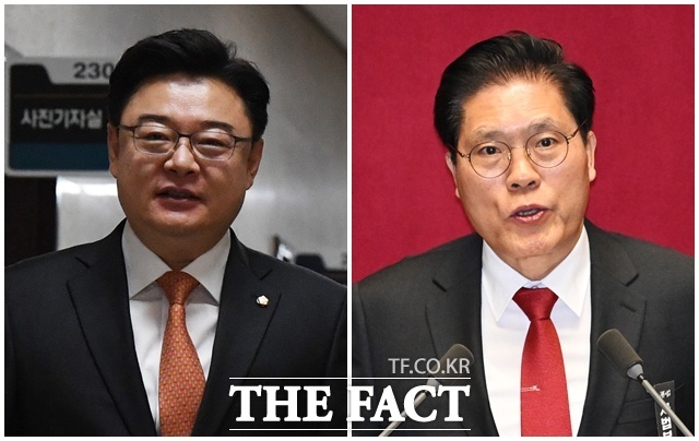 국회는 22일 본회의를 열고 6개 상임위원회 위원장을 선출했다. 사진은 산업통상자원중소벤처기업위원장 김성원(왼쪽) 국민의힘 의원과 외교통일위원장 송석준 국민의힘 의원. /배정한 기자