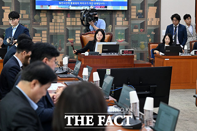 이재정 문체위원장이 문화체육관광위원회 전체회의에 참석해 의사봉을 두드리며 회의를 주재하고 있다.