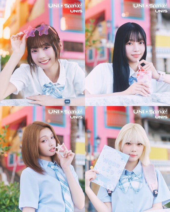그룹 유니스가 일본 첫 미니앨범 'UNI☆Sparkle!(유니☆스파클!)' 콘셉트 포토를 공개했다. 사진은 유니스의 진현주 나나 코토코 젤리당카(왼쪽 위부터 시계방향)의 모습./F&F엔터테인먼트