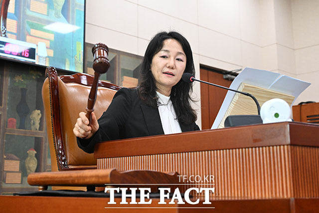 이재정 문체위원장이 문화체육관광위원회 전체회의에 참석해 의사봉을 두드리며 회의를 주재하고 있다.
