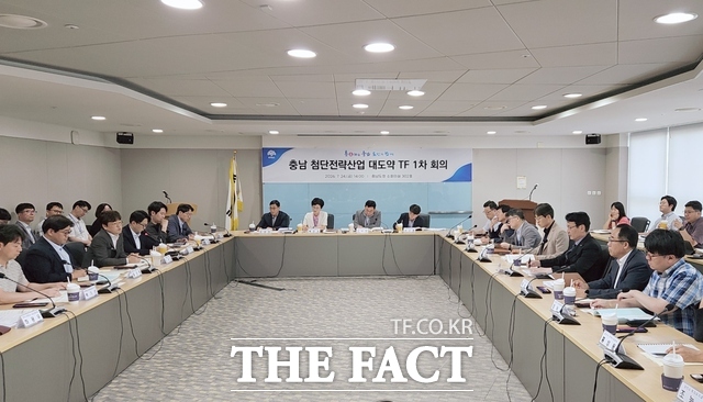 충남도가 24일 도청 중회의실에서 '충남 첨단전략산업 대도약 전담조직(TF)' 1차 회의를 열고 첨단산업 투자 종합 지원 방안을 논의하고 있다. /충남도