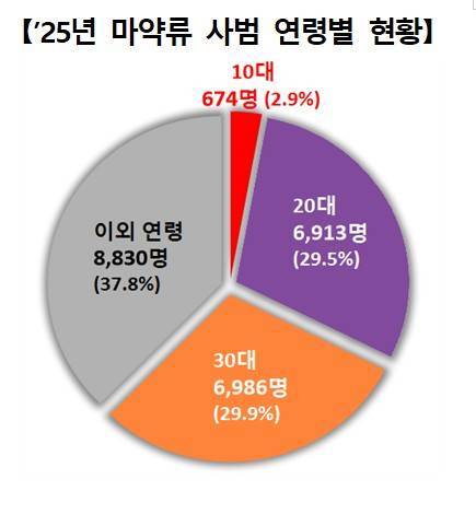 10대 마약류 사범은 674명으로 전년(649명)보다 3.9% 늘었고, 30대 이하가 전체 마약사범의 62.3%를 차지했다./대검찰청