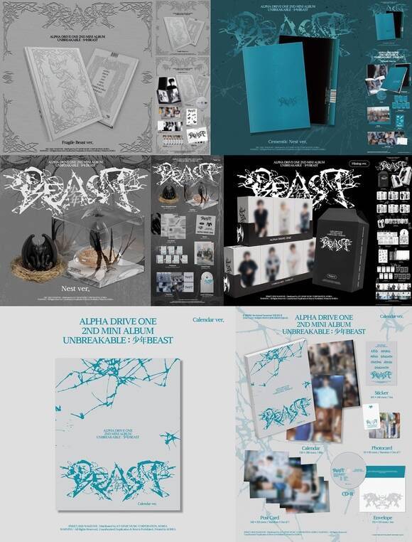 알파드라이브원의 미니 2집 'UNBREAKABLE : 少年BEAST'는 포토북 버전을 비롯해 미니 CD와 미니 키링, 포토카드 등 다양한 구성으로 만나볼 수 있다. /웨이크원