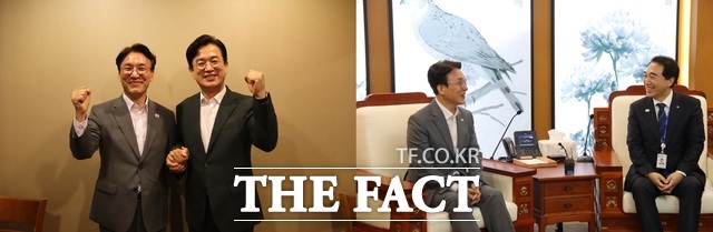 더불어민주당 대표 선거에 출마한 김민석 후보가 허태정 대전시장(왼쪽), 박수현 충남도지사(오른쪽)와 각각 만나 AI·첨단산업 육성 등 충청권 주요 현안을 논의했다. /김민석 후보 캠프