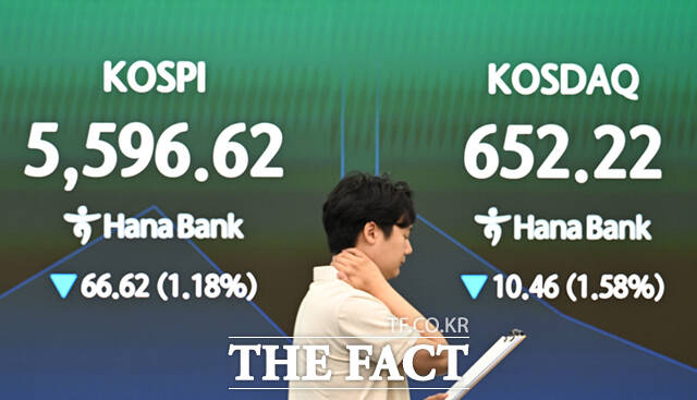 30일 오전 서울 중구 하나은행 본점 딜링룸 전광판에 코스피가 표시돼 있다. /이새롬 기자
