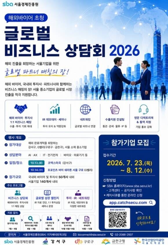 금천구는 오는 8월 12일까지 금천구와 서울시 소재 중소기업을 대상으로 '해외바이어 초청 수출상담회' 참가 신청을 받는다고 31일 밝혔다.