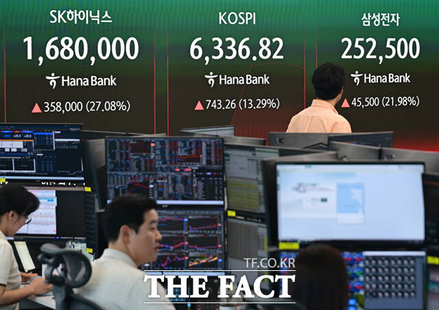 31일 오전 서울 중구 하나은행 본점 딜링룸 전광판에 코스피와 삼전닉스 주가가 표시돼 있다. /이새롬 기자