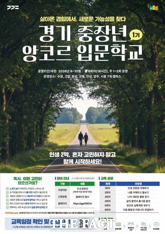경기도의 행복캠퍼스 대표 생애 전환 공통과정인 '경기 중장년 앙코르 입문학교' 홍보 포스터. /경기도