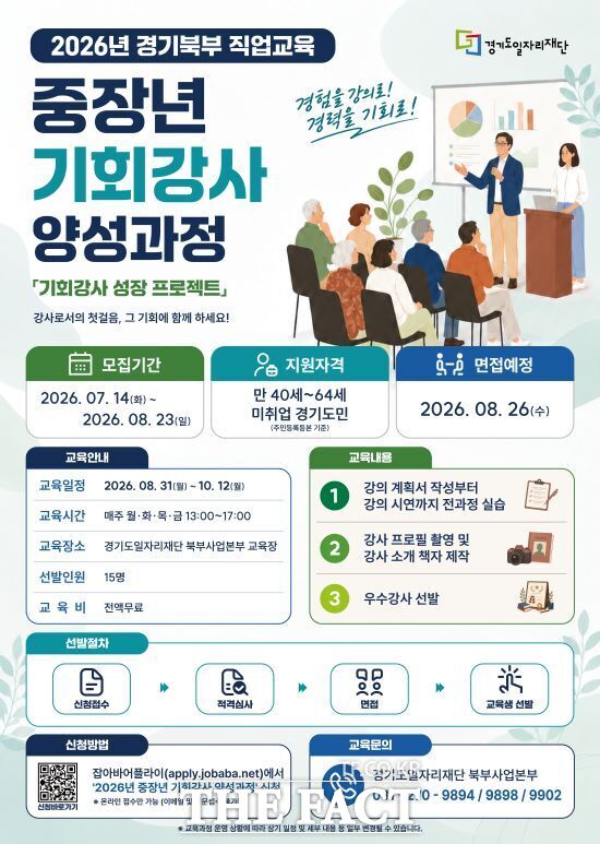 경기도일자리재단이 만 40세부터 64세까지의 미취업 경기도민을 대상으로 진행하는 '2026년 경기 북부 직업교육 중장년 기회강사 양성과정' 안내 포스터. /경기일자리재단