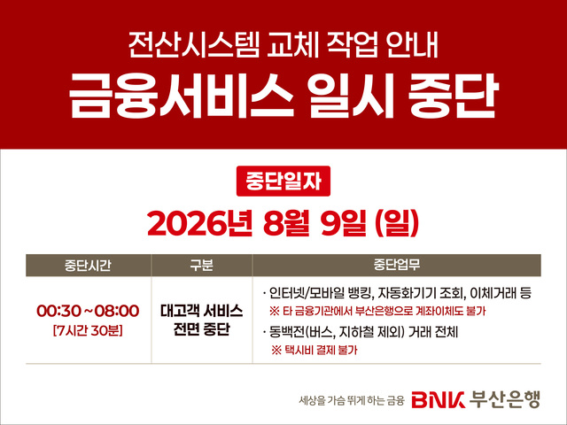 BNK부산은행이 오는 8월 9일 오전 0시 30분부터 오전 8시까지 전산시스템 교체 및 점검 작업을 진행한다. /BNK부산은행