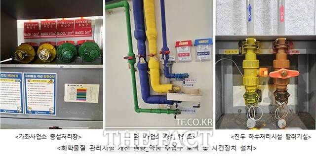 화학물질 관리시설 개선 현황과 약품 주입구 도색 및 시건장치 설치를 설치한 모습. /인천시