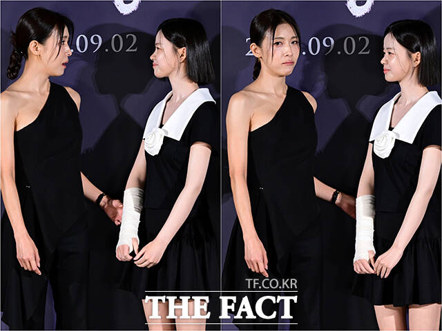 배우 하지원(왼쪽)이 5일 오전 서울 용산구 CGV아이파크몰에서 열린 영화 '비광' 제작보고회에 참석해 극중 딸 동주 역을 맡은 김시아를 보며 부상을 안타까워하고 있다. /남윤호 기자