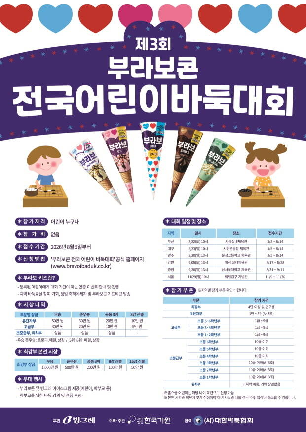 빙그레가 후원하고 재단법인 한국기원이 주최·주관하는 '제3회 부라보콘 전국 어린이 바둑대회'가 열린다. /빙그레