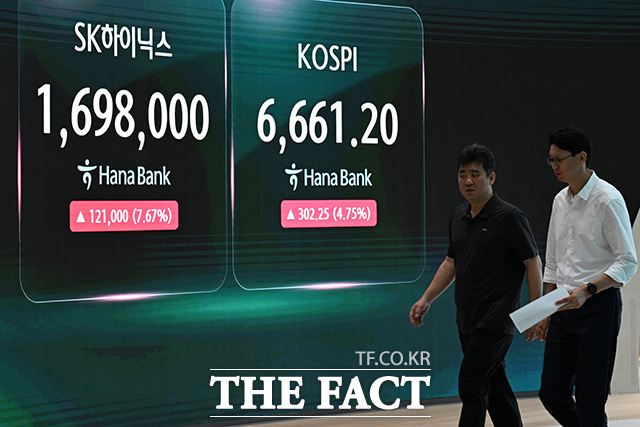 코스피가 6600선을 회복한 8일 오전 서울 중구 하나은행 본점 딜링룸에 코스피와 SK하이닉스 주가가 표시돼 있다. /송호영 기자