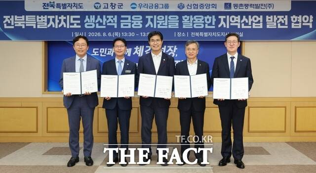 6일 전북도청 회의실에서 열린 동촌해상풍력 금융지원 및 투자사업 업무협약식에 이원택 전북도지사(가운데), 심덕섭 고창군수(왼쪽 두 번째), 고영철 신협중앙회장, 이명수 우리은행 IB그룹장, 오희종 동촌풍력발전 대표가 기념 촬영을 하고 있다. /전북도