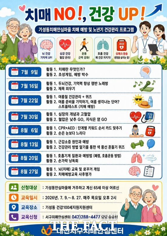 대전시 서구 치매안심센터는 대전과학기술대학교 간호학과 동아리 ‘Heal We Go’와 함께 기성동 어르신들을 대상으로 ‘치매 NO! 건강 UP!’ 프로그램을 운영 중이다. 사진은 대전 서구 치매 예방 프로그램 홍보물. /대전 서구