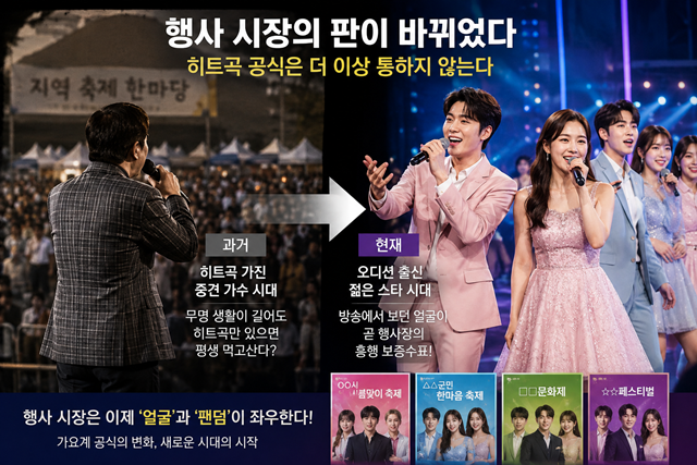 가요 행사 시장 판도가 바뀌었다. 한때는 히트곡을 가진 중견 가수들이 행사장의 주인공이었다면, 이제는 TV 오디션 프로그램을 통해 얼굴을 알린 젊은 트로트 스타들이 대부분의 무대를 차지하고 있다. /더팩트 DB, AI 이미지 합성
