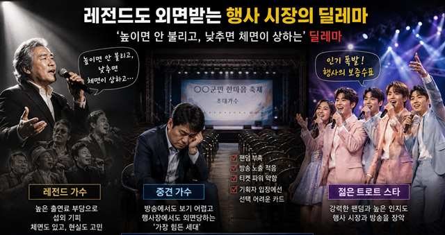 행사장은 원래 신인과 중견, 레전드가 함께 공존하는 공간이었지만, 지금은 특정 세대와 특정 프로그램 출신에게 수요가 집중되는 현상이 갈수록 심화되고 있다. /더팩트 DB, AI 이미지 합성