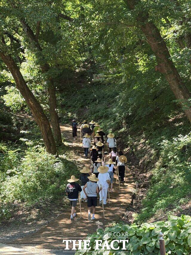 7일 충남도교육청이 '교권보호관추진단' 주관으로 교원 자연 속 치유 프로그램 캠프를 천리포수목원 숲에서 진행하고 있다. /충남도교육청