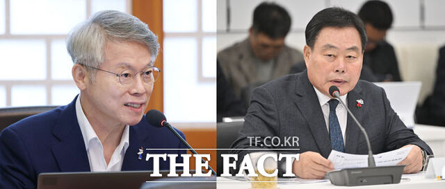 광주 군공 항 이전을 둘러싸고 미묘한 갈등을 연출했던 민형배 전남광주특별시장(왼쪽)과 김산 무안군수. /뉴시스