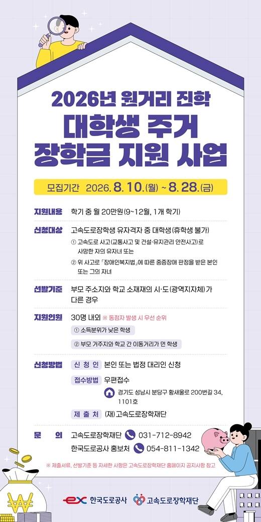 한국도로공사와 고속도로장학재단은 원거리 진학 대학생 주거 장학금 지원 사업 대상자를 모집한다. /한국도로공사