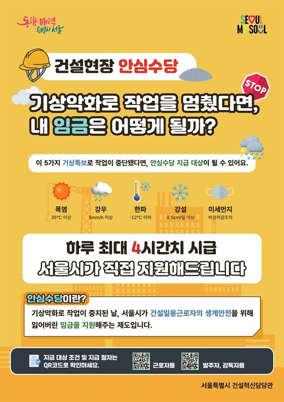 서울시는 이달부터 극한기후로 작업이 중지될 때 지급하는 '건설현장 안심수당'의 소득기준을 폐지하고 지급 단가를 시간당 2만2500원으로 일원화한다고 10일 밝혔다. /서울시