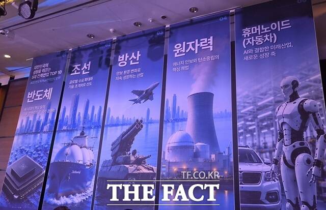 10일 서울 여의도 콘래드호텔에서 열린 'ACE ETF 신규 상장 기념 투자 세미나'에 반도체, 조선, 방산, 원자력, 휴머노이드를 상징하는 현수막이 걸려 있다. /이한림 기자