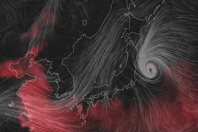 11일 오전 세계 기상정보를 제공하는 어스널스쿨에 나타난 한반도 불쾌지수의 모습. 13호 태풍 돌핀과 15호 태풍 찬홈, 16호 태풍 페이러우가 잇따라 발생하면서 한반도 상공의 이중 고기압에 균열이 발생해 열돔 효과가 사라졌다. /어스널스쿨 갈무리