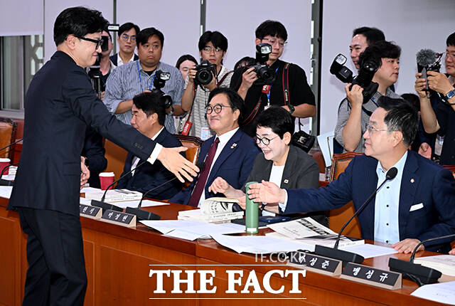 한 의원(왼쪽)이 여당 외통위원들과 인사를 나누고 있다.