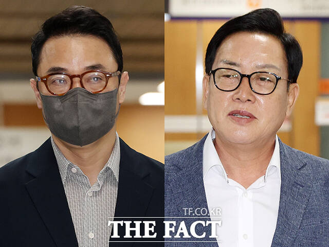 김건희 씨의 오빠 김진우 씨(왼쪽)와 양평군수를 지낸 김선교 국민의힘 의원이 11일 오전 서울 서초구 서울중앙지방법원에서 열린 '경기 양평 공흥지구 개발 특혜 의혹' 속행 공판에 출석하고 있다. /남윤호 기자(현장풀)