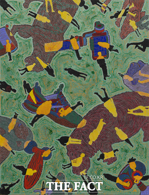 유목동물+인간-문명 2025-8, 2025, 146×112cm, 한지에 수묵채색 및 아크릴.