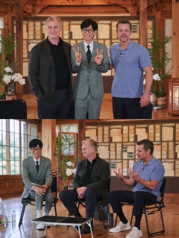 크리스토퍼 놀란 감독, 방송인 유재석, 배우 맷 데이먼(왼쪽 위부터)이 tvN 예능프로그램 유 퀴즈 온 더 블럭으로 만난다. /tvN