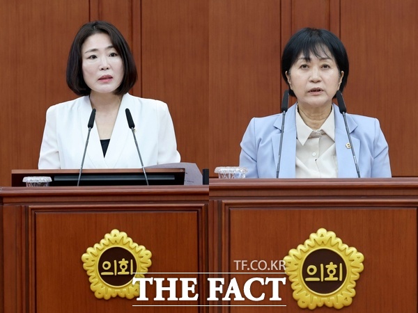 대전시의회 최지연 의원과 이나영 의원이 13일 시의회 제298회 임시회 본회의에서 각각 충청권 하계세계대학경기대회 지원 특별위원회 구성 결의안과 공공재산 정상화를 위한 특별위원회 구성 결의안을 대표 발의하고 제안설명을 하고 있다. /대전시의회