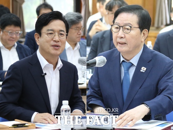 허태정 대전시장(왼쪽)과 장종태 더불어민주당 대전시당위원장(오른쪽)이 13일 열린 민선 9기 첫 당정협의회에서 모두발언을 하고 있다. /정예준 기자