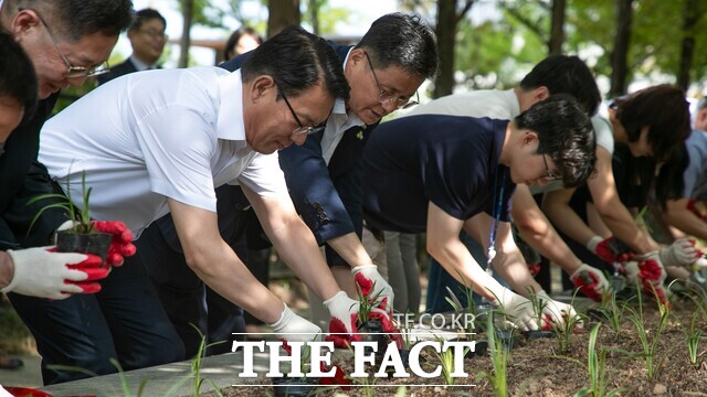 김인중 한국농어촌공사 사장이 직원들과 무늬맥문동을 심고 있다. /한국농어촌공사