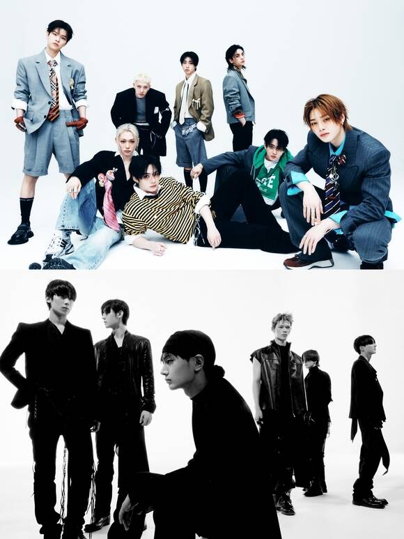 그룹 스트레이 키즈(위)와 엔하이픈은 금요일 오후 1시 발매를 택했다. 이들은 앨범 발매 당일에 100만 장 이상의 음반 판매량을 기록할 만큼 강력한 팬덤을 보유한 그룹이다./JYP엔터테인먼트, 빌리프랩